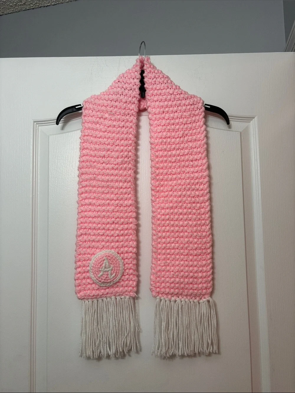 Handmade Alabama Pink Knit Scarf with White Fringe